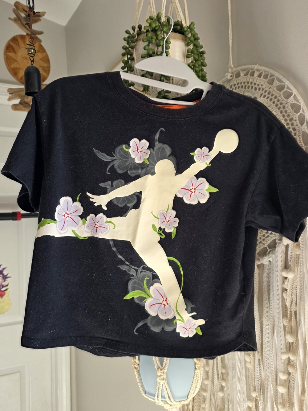 Jordan Black Tee with Cream Jumpman and Pink Floral Accents